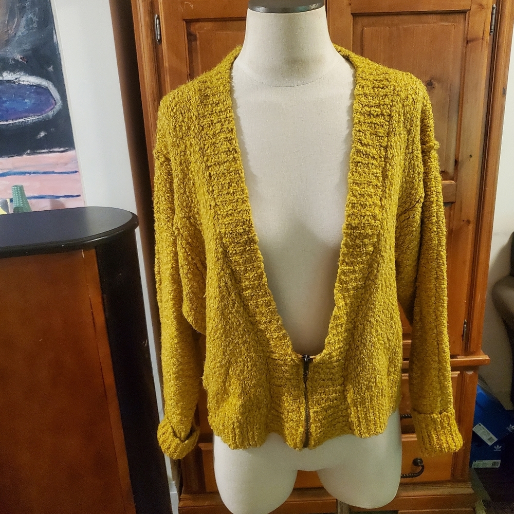 Mustard yellow crochet Whimsy grunge cardigan sweater fuzzy free people Boho - Picture 9 of 9